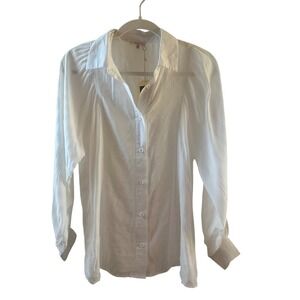 Jodifl White Shirred Shoulder Button Down Blouse Long Sleeve Office NWT